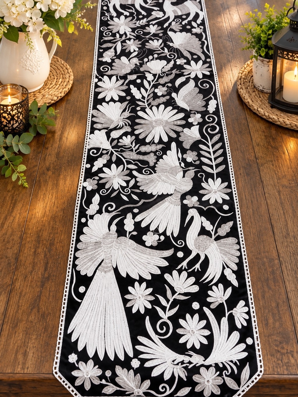 Elegant Black and White Embroidered Table Runner - Home Dining